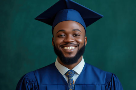 African American Graduate Celebrating Achievement in Cap and Gownの素材