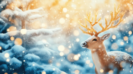 Reindeer Against a Serene Snowy Backdrop with Festive Ornamentsの素材
