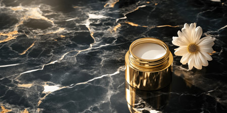 Premium Cream Jar in Golden Light on Black Marbleの素材