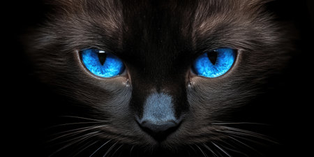 Striking Blue-Eyed Feline Against Dark Backdropの素材