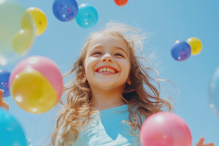 Little Girl Celebrating with Colorful Balloons and Ballsの素材