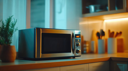 Cozy kitchen with minimalist microwave and countertopsの素材