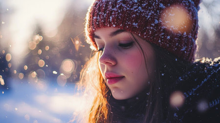 Smiling Woman in Winter Wonderland Outdoorsの素材