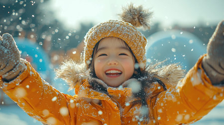 Chinese Tourists Playing in Snow with Ice Sculpturesの素材