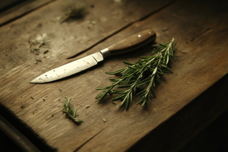 Wooden Surface with Rosemary and Kitchen Knifeの素材