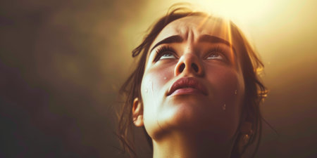 Woman bathed in light, tears reflecting her painの素材