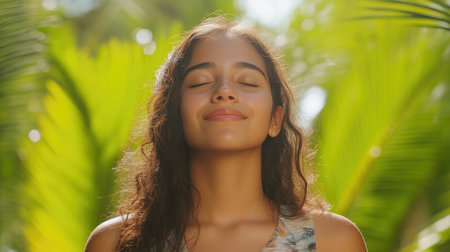 Stress-free young woman embracing the natural beauty of summerの素材
