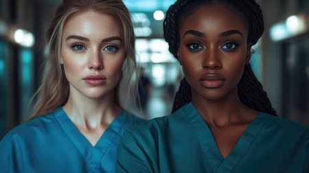 Team of Diverse Nurses Collaborating in Busy Hospital Wardの素材