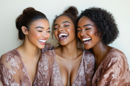 Happy women in matching lace pajamas smiling and laughingの素材