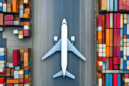 Airplane Gliding Above Cargo Ship in Busy Portの素材