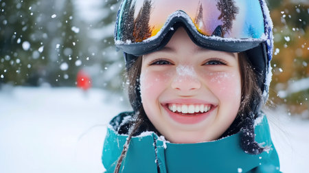 Happy skier with snowflakes on their face, capturing the thrillの素材