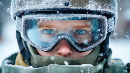 Frost-covered gear and face of an athlete in snowy mountainsの素材