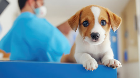 Puppy receiving health examination from veterinarianの素材