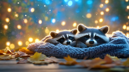 A raccoon family enjoying a peaceful autumn dayの素材