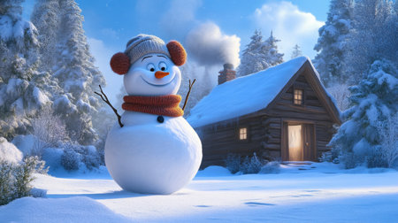Snowy cabin scene with friendly snowman and chimney smokeの素材