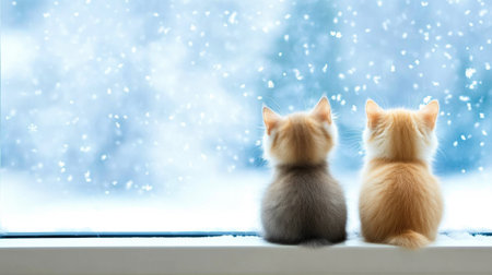 Snow-covered window with kittens watching the winter viewの素材