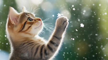 Kitten exploring winter wonderland, paws in the snowの素材