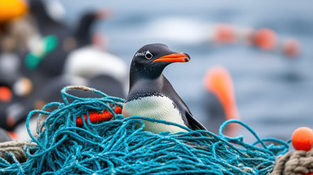 A penguin trapped in fishing net, urgent wildlife rescueの素材