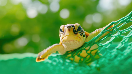 Underwater Scene of Turtle Trapped in Hazardous Nettingの素材