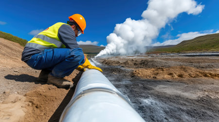 Technician in Safety Gear Inspecting Geothermal Pipelineの素材
