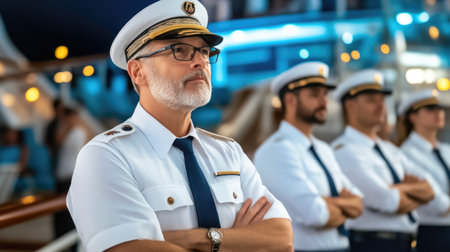 Cruise captain and crew gather for final night speechの素材