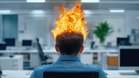 Office Worker on Edge with Fiery Stressの素材