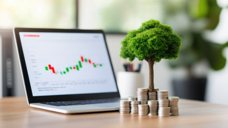 Symbol of success with laptop and tree of dollar coinsの素材