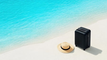 Beach essentials: suitcase and sun hat by the shoreの素材