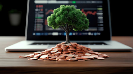 Financial Growth Visualization on Laptop Screen in Officeの素材