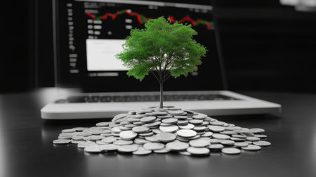 Office success symbolized by laptop and tree of coinsの素材