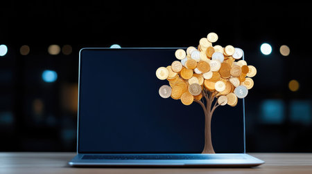 Office Workspace with Financial Success and Laptop Displayの素材