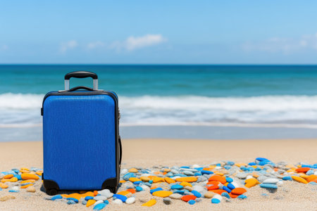 Suitcase Placed on the Shore with Clear Blue Oceanの素材