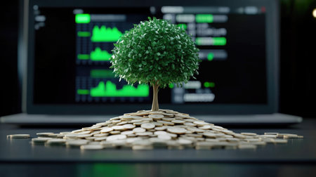 Modern Office with Laptop and Growing Financial Treeの素材