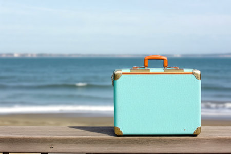 Summer vacation vibes with suitcase on the shoreの素材