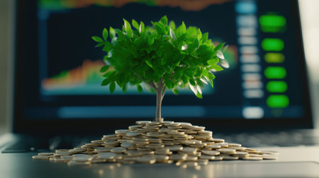 Dollar Coins Forming Tree in Contemporary Workspaceの素材