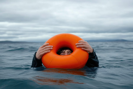 Desperate Grip on Buoy in Life-Threatening Oceanの素材