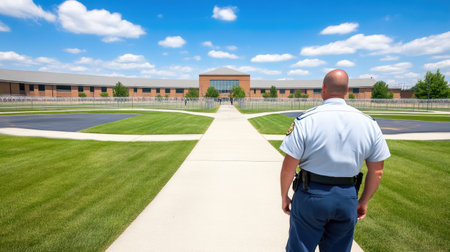 Guard Surveillance in Prison with Inmates Nearbyの素材