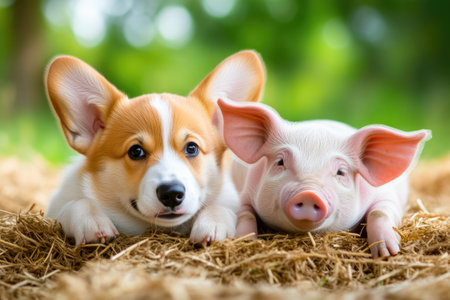 Corgi and Piglet Having Fun in the Barnyardの素材