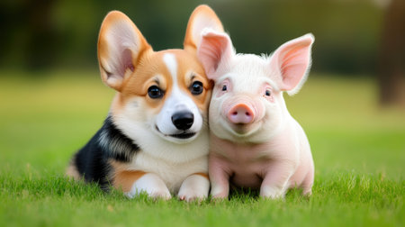 Corgi Gently Encouraging Piglet to Roll Overの素材