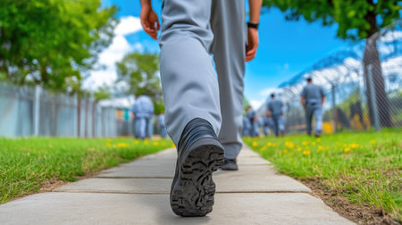 Prison Yard Security with Armed Guard on Patrolの素材