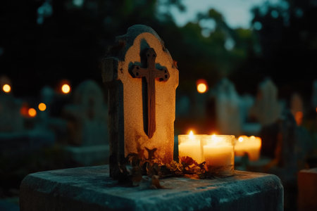 Serene Cemetery Scene with Cross and Lit Candlesの素材
