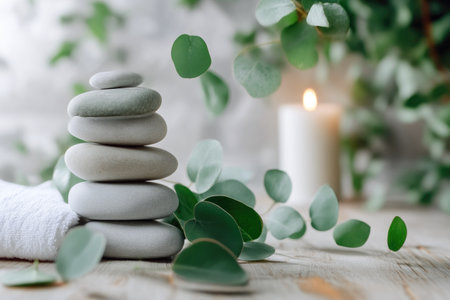 Zen Stones on Wooden Table with Towel and Candleの素材