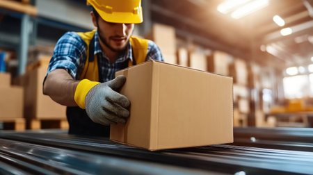Close-up of factory workers packing small shipmentsの素材