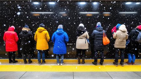 Snow-covered train platform with bundled commutersの素材