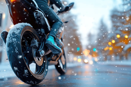 Sunlit Motorcycle Covered by Snowflakesの素材