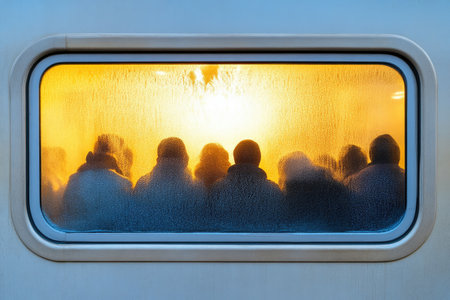 Frosted train window with golden lightの素材