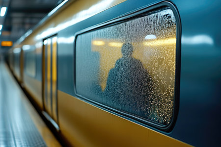 Winter scene with frosted train window detailsの素材