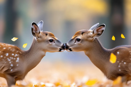 Golden Leaves Surrounding Nuzzling Deerの素材