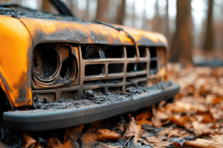 Burnt Car Front Grille Covered in Ashの素材