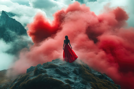 Mystical Woman Walking in Red Smoke on Mountainの素材